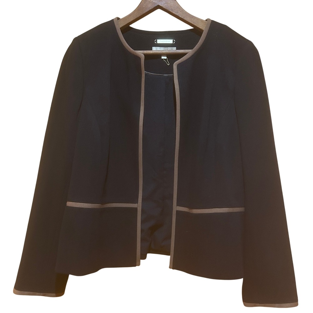 Talbots Blazer Womens‎ 12 Ponte Italian Knit Open Front Brown Piping Minimalist
